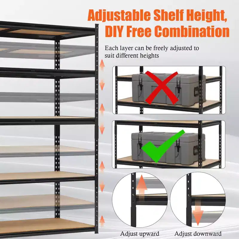 Heavy Duty Garage Shelving Units , 5 - Tier Adjustable Storage Shelves , 60x24x72in , Loads 3000 LBSS , Adjustable Garage Storage Shelving