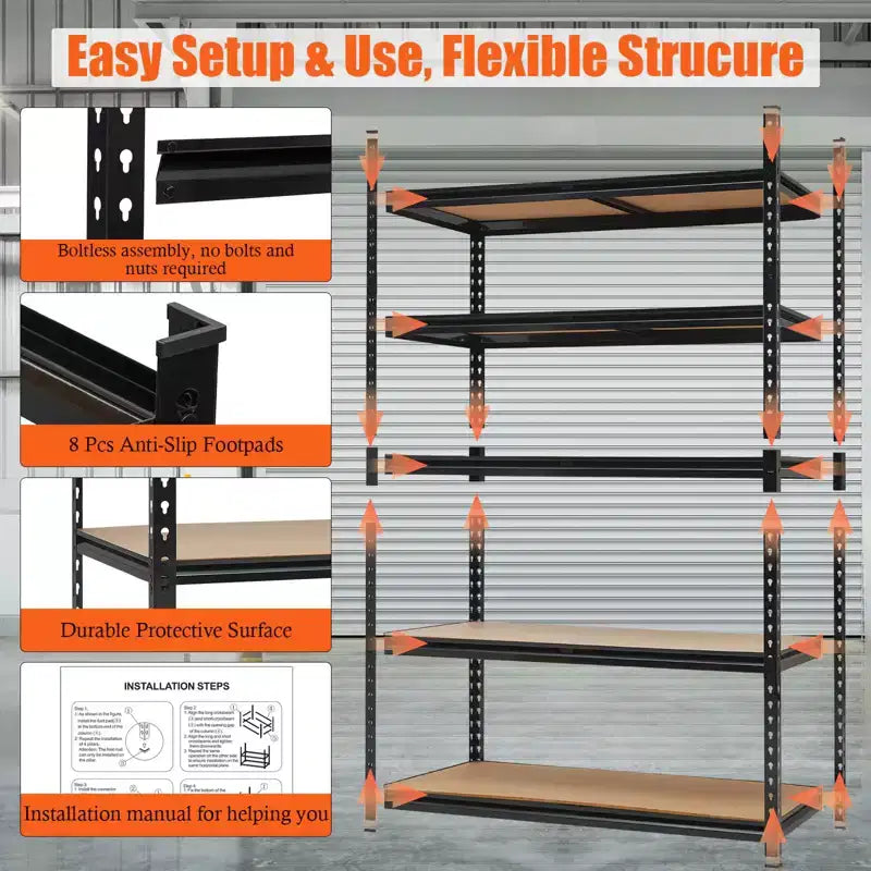 Heavy Duty Garage Shelving Units , 5 - Tier Adjustable Storage Shelves , 60x24x72in , Loads 3000 LBSS , Adjustable Garage Storage Shelving