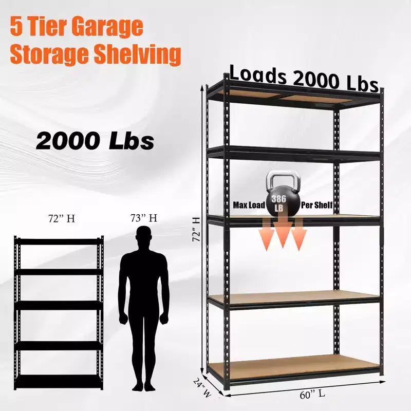 Heavy Duty Garage Shelving Units , 5 - Tier Adjustable Storage Shelves , 60x24x72in , Loads 3000 LBSS , Adjustable Garage Storage Shelving
