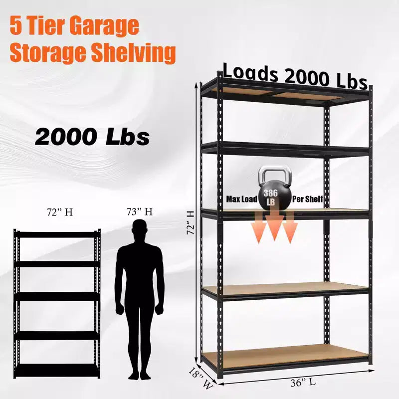 Heavy Duty Garage Shelving Units , 5 - Tier Adjustable Storage Shelves , 60x24x72in , Loads 3000 LBSS , Adjustable Garage Storage Shelving