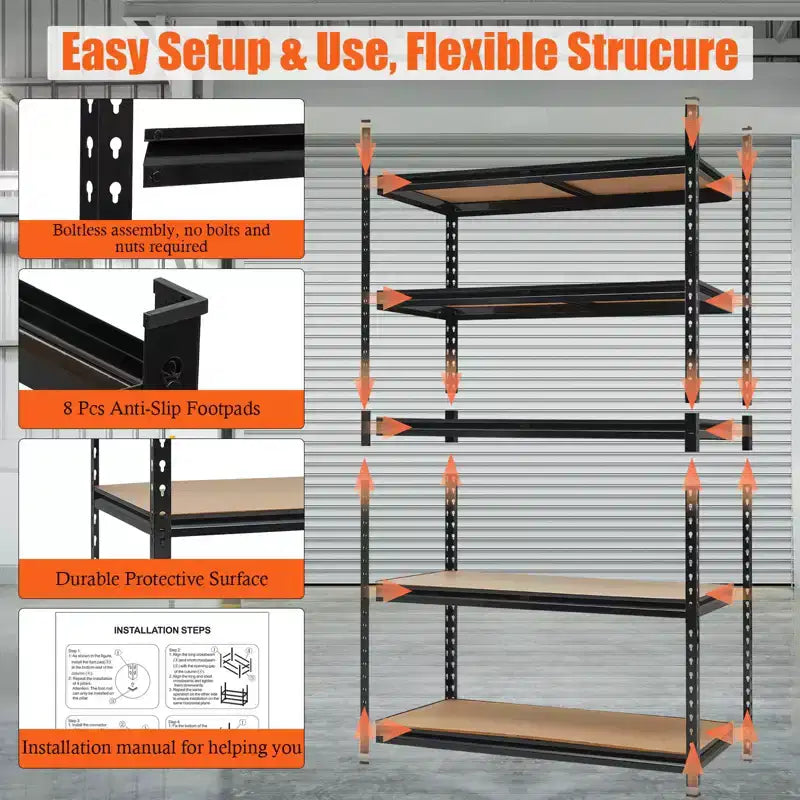 Heavy Duty Garage Shelving Units , 5 - Tier Adjustable Storage Shelves , 60x24x72in , Loads 3000 LBSS , Adjustable Garage Storage Shelving