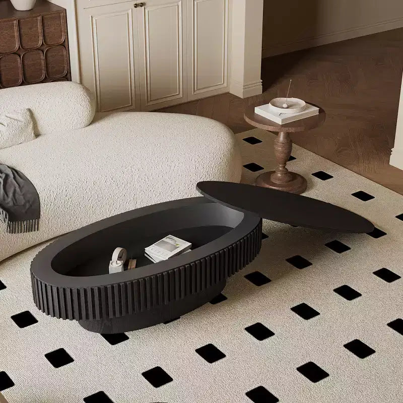 Oval Coffee Table with Storage, Modern Wood Center Table for Living Room, Black