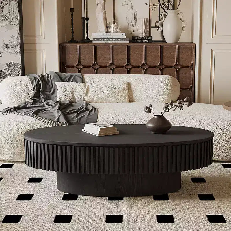Oval Coffee Table with Storage , Modern Wood Center Table for Living Room , Black