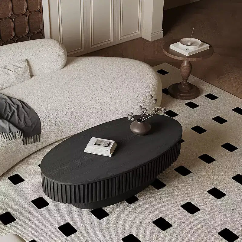 Oval Coffee Table with Storage , Modern Wood Center Table for Living Room , Black