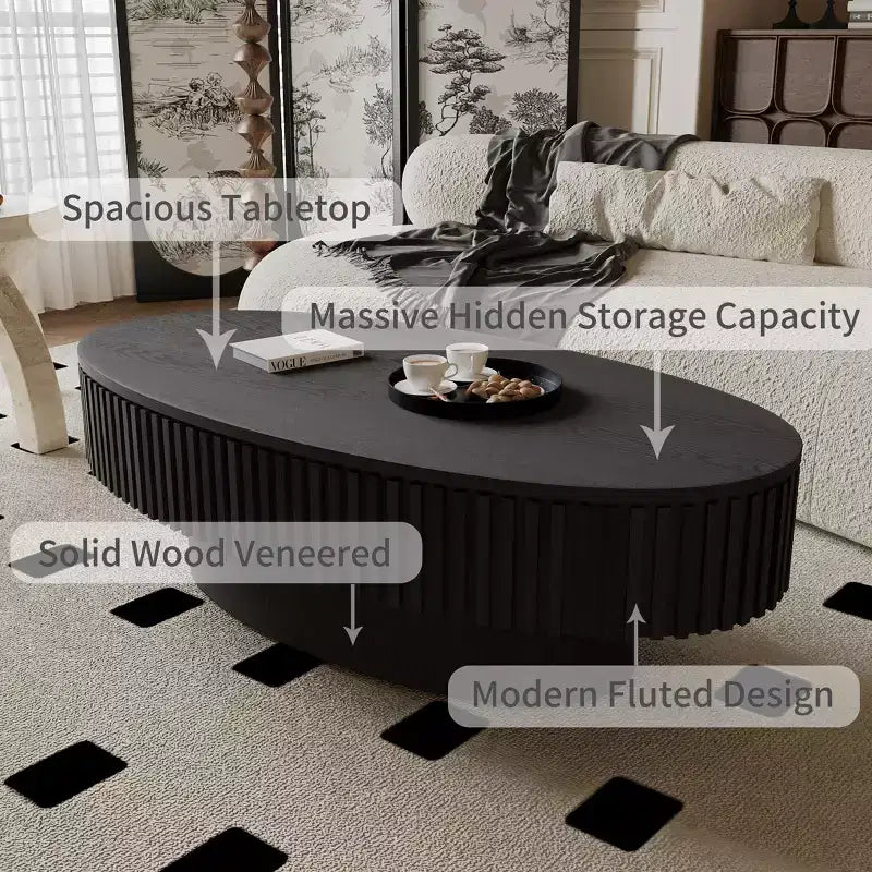 Oval Coffee Table with Storage , Modern Wood Center Table for Living Room , Black