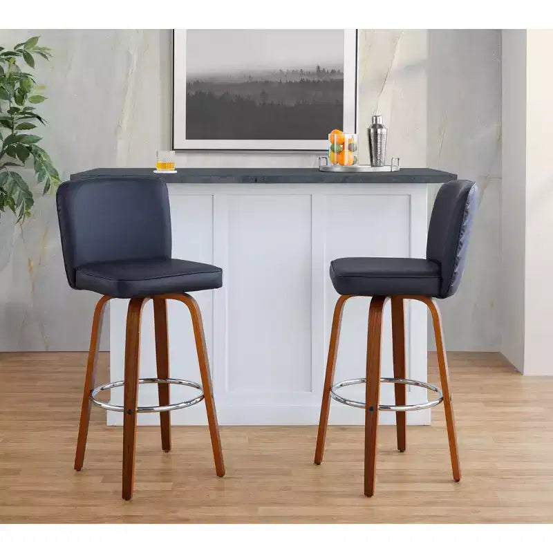 Set of 2 Henry Barstools Walnut Wood / Black PU / Chrome Metal