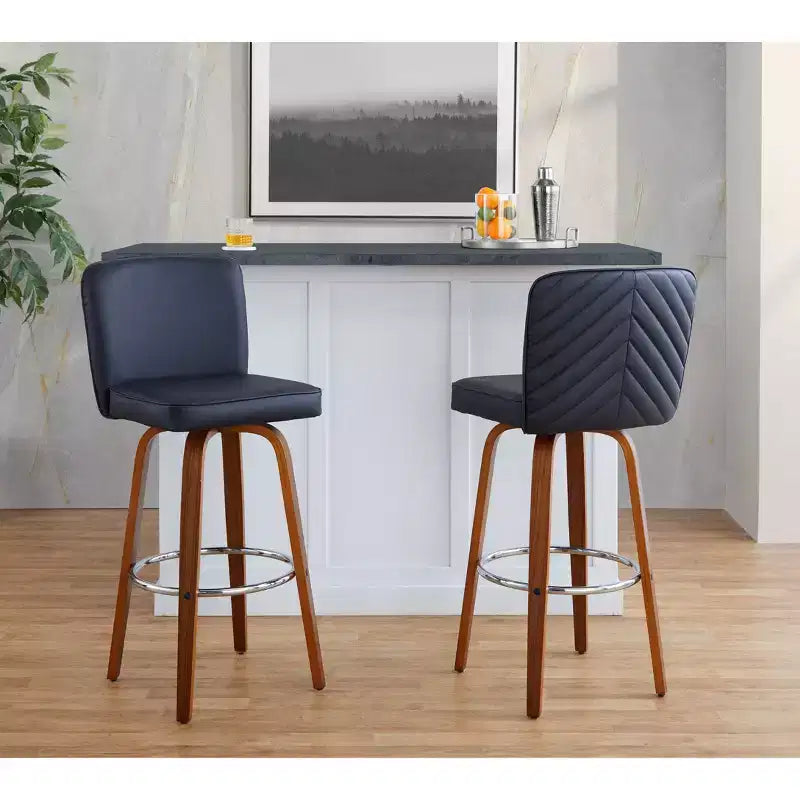 Set of 2 Henry Barstools Walnut Wood / Black PU / Chrome Metal