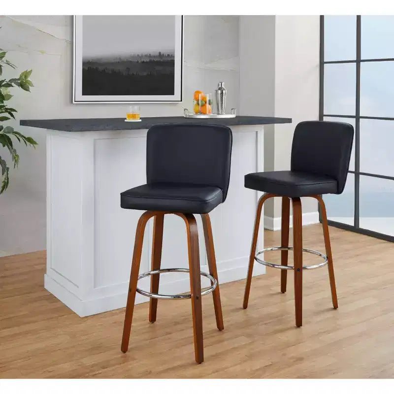 Set of 2 Henry Barstools Walnut Wood / Black PU / Chrome Metal