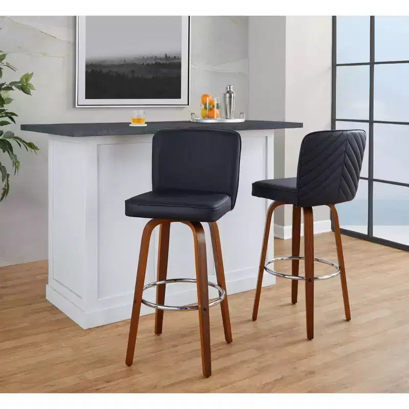 Set of 2 Henry Barstools Walnut Wood / Black PU / Chrome Metal