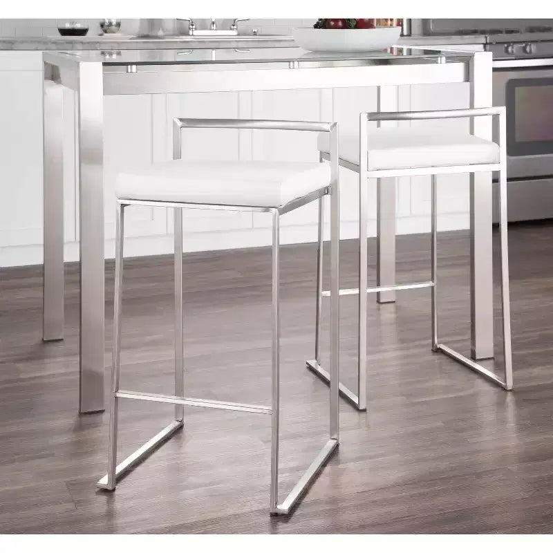 Set of 3 Fuji Stacker Counter Height Barstools Stainless Steel / White