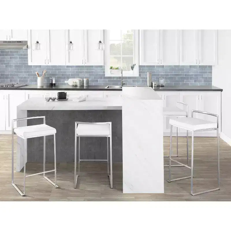 Set of 3 Fuji Stacker Counter Height Barstools Stainless Steel / White