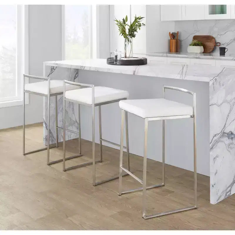 Set of 3 Fuji Stacker Counter Height Barstools Stainless Steel / White